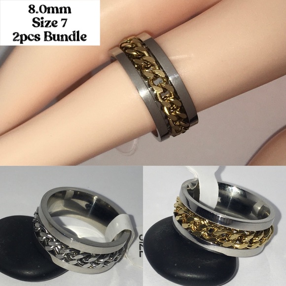 Two Tone Stainless Steel Chain Spinner Band Ring - Picture 4 of 5